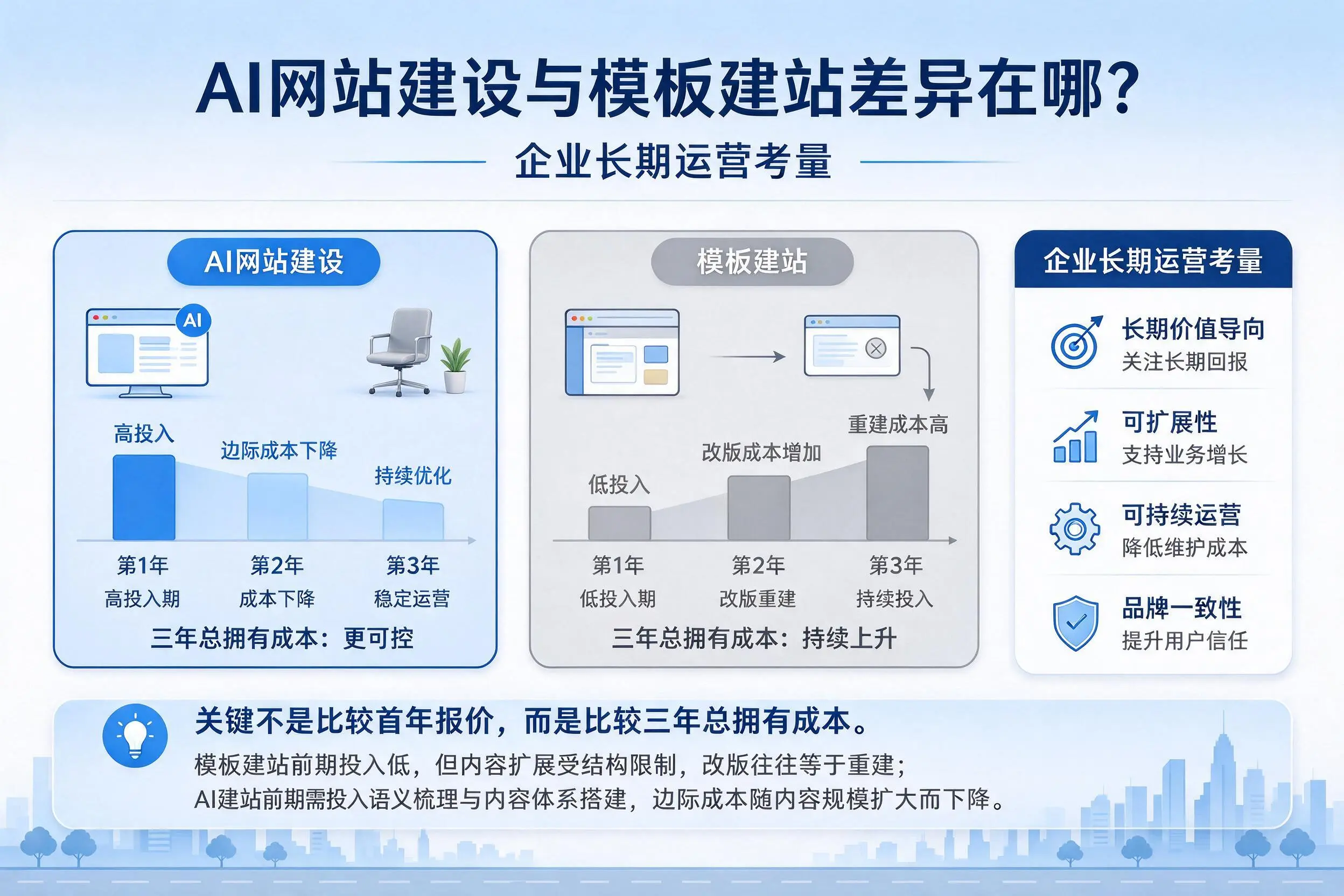AI网站建设与模板建站差异在哪？肇庆企业长期运营考量